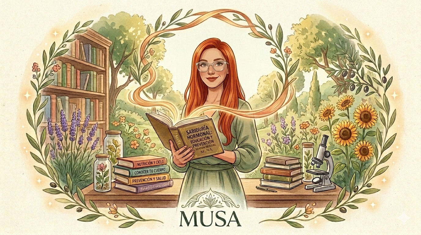 Mujer sosteniendo un libro con logo de musa